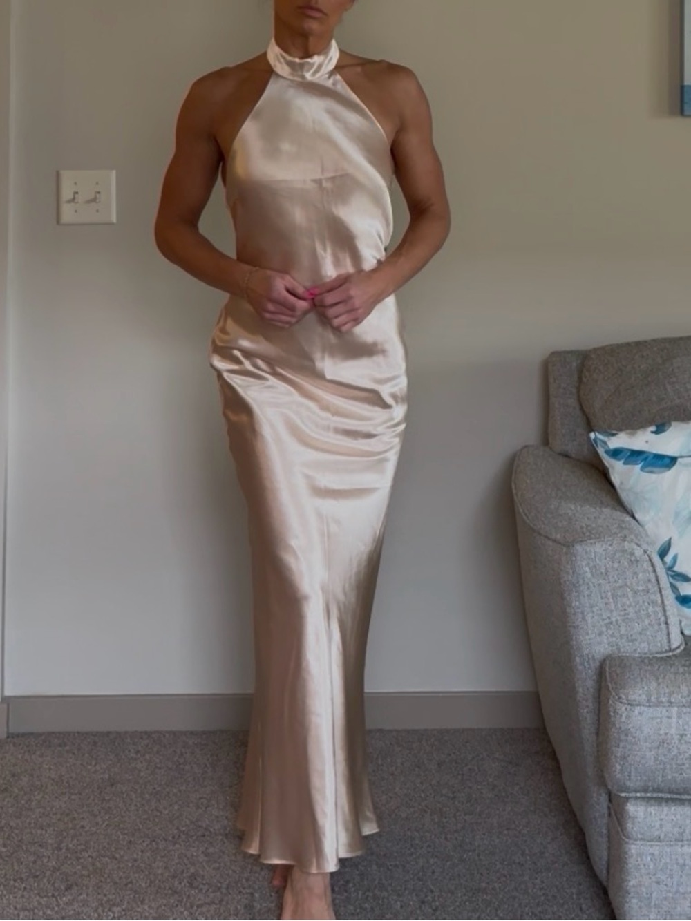 Satin Halter-Neck Slip Dress in Champagne